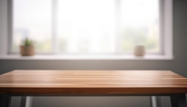 Empty wooden table with copy space in white living room with window. Generative AI.