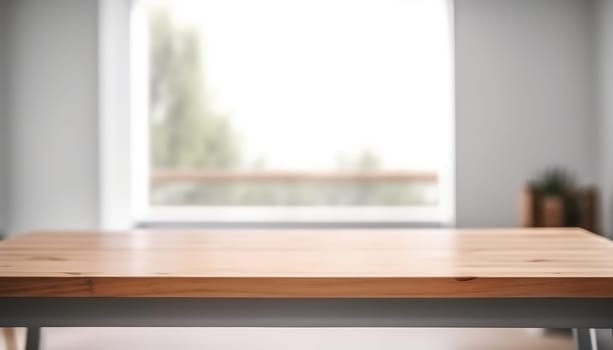 Empty wooden table with copy space in white living room with window. Generative AI.