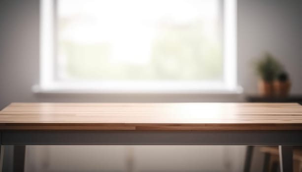 Empty wooden table with copy space in white living room with window. Generative AI.