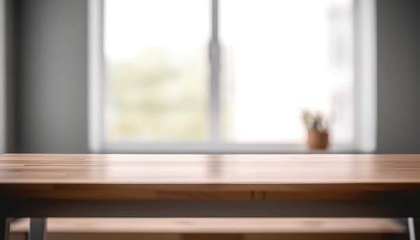Empty wooden table with copy space in white living room with window. Generative AI.