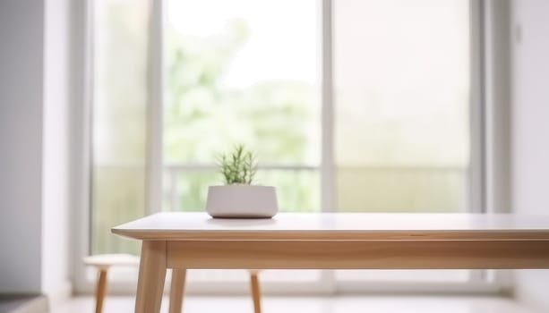 Empty wooden table with copy space in white living room with window. Generative AI.
