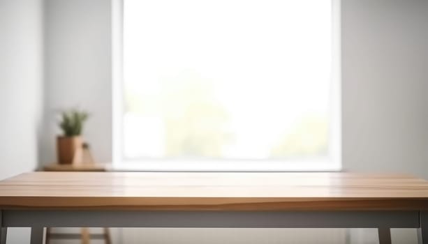 Empty wooden table with copy space in white living room with window. Generative AI.