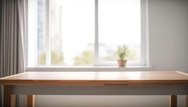 Wooden table with copy space and window background with curtains. Generative AI.