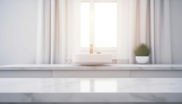 Empty white countertop with blurred bathroom background. Generative AI.