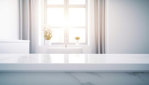 Empty white countertop with blurred bathroom background. Generative AI.
