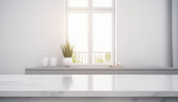 Empty white countertop with blurred bathroom background. Generative AI.