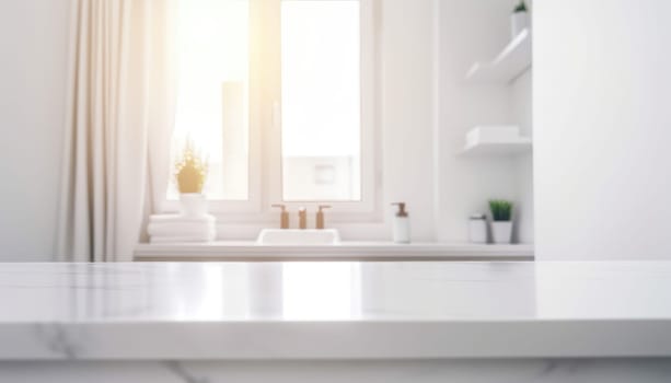 Empty white countertop with blurred bathroom background. Generative AI.