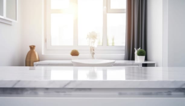 Empty white countertop with blurred bathroom background. Generative AI.