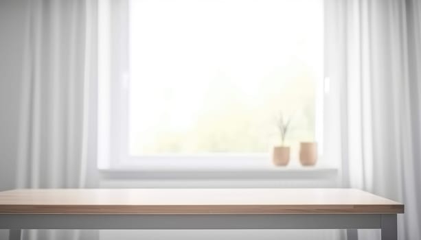 Wooden table with copy space and window background with curtains. Generative ai.