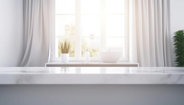 Empty white countertop with blurred bathroom background. Generative AI.