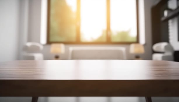 Empty table and copy space with blurred living room background in the morning. Generative AI.