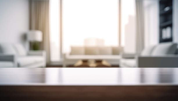 Front view of empty table in the living room in the morning with blurred background. Generative AI.