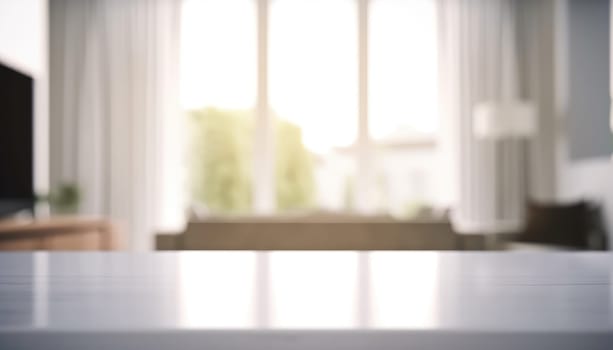 Empty table and copy space with blurred living room background in the morning. Generative AI.