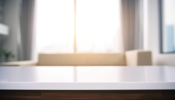 Empty table and copy space with blurred living room background in the morning. Generative AI.