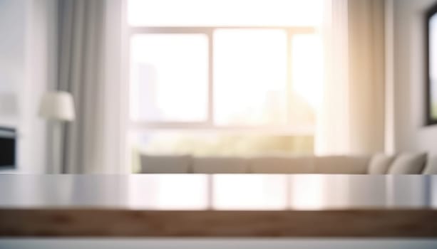 Front view of empty table in the living room in the morning with blurred background. Generative AI.