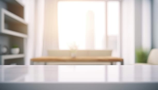 Front view of empty table in the living room in the morning with blurred background. Generative AI.
