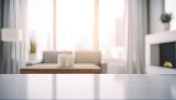 Front view of empty table in the living room in the morning with blurred background. Generative AI.