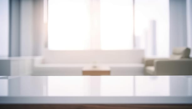 Empty table and copy space with blurred living room background in the morning. Generative AI.
