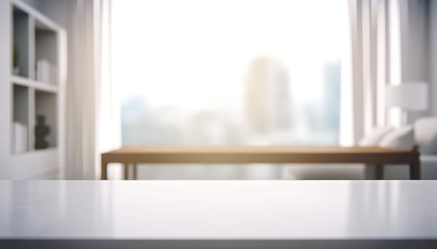 Empty table and copy space with blurred living room background in the morning. Generative AI.