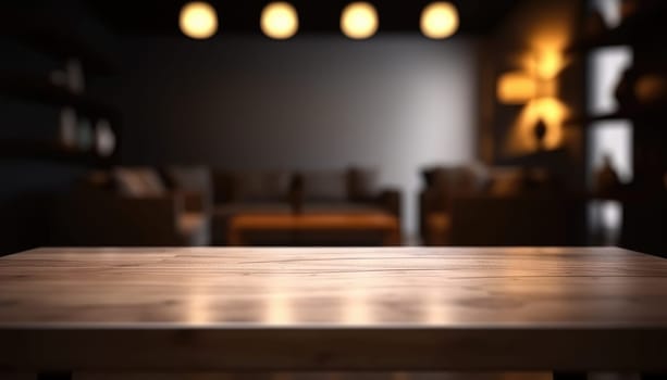 Empty wooden table in dark stylish living room with blurred background. Generative AI.