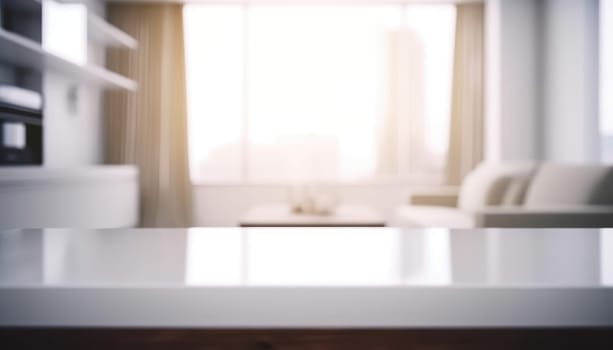 Empty table and copy space with blurred living room background in the morning. Generative AI.