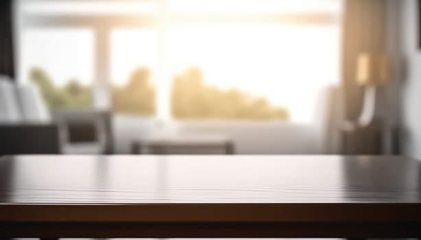 Empty table and copy space with blurred living room background in the morning. Generative AI.