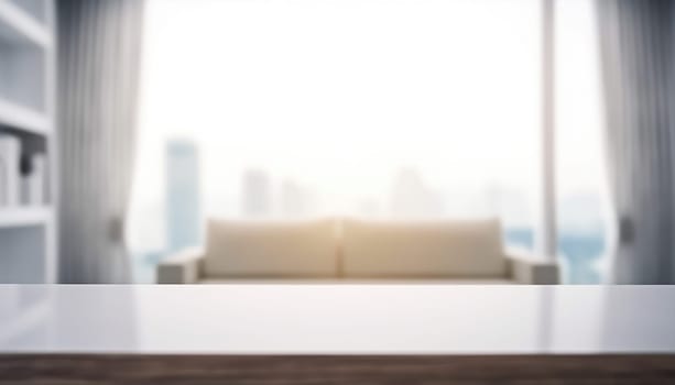Empty table and copy space with blurred living room background in the morning. Generative AI.