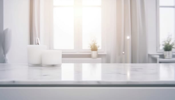 Empty white countertop with blurred bathroom background. Generative AI.