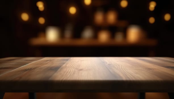 Empty wooden table in dark stylish living room with blurred background. Generative AI.