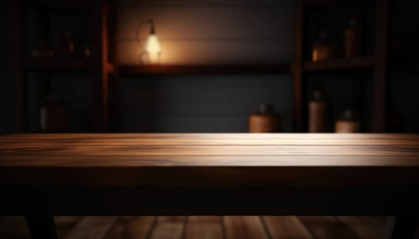 Empty wooden table in dark stylish living room with blurred background. Generative AI.