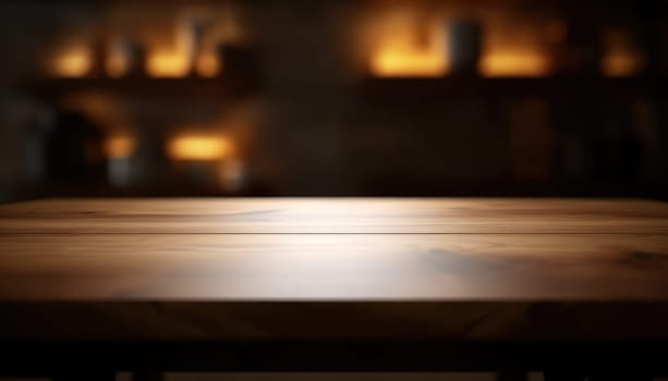 Empty wooden table in dark stylish living room with blurred background. Generative AI.