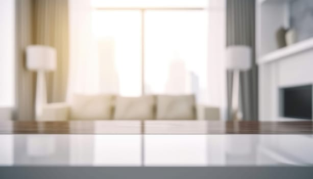 Empty table and copy space with blurred living room background in the morning. Generative AI.