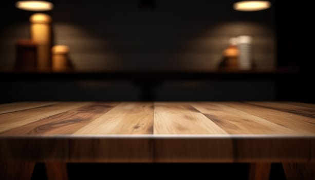 Empty wooden table in dark stylish living room with blurred background. Generative AI.