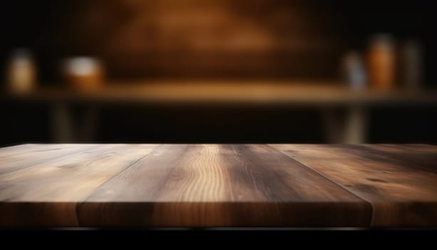 Empty wooden table in dark stylish living room with blurred background. Generative AI.