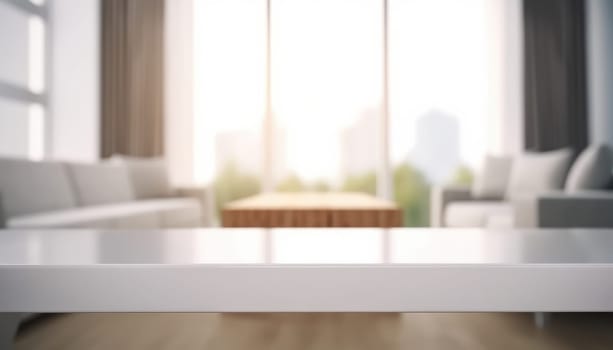 Empty table and copy space with blurred living room background in the morning. Generative AI.