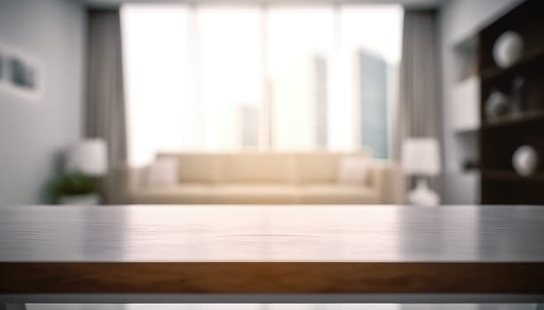 Empty table and copy space with blurred living room background in the morning. Generative AI.