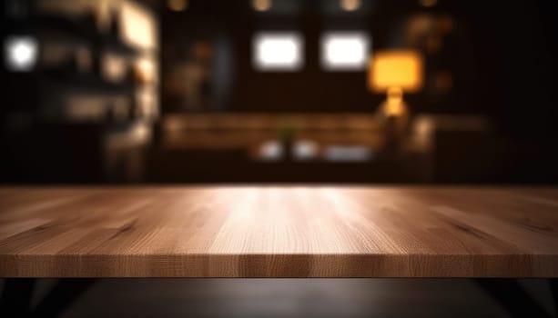 Empty wooden table in dark stylish living room with blurred background. Generative AI.