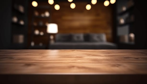 Empty wooden table in dark stylish living room with blurred background. Generative AI.