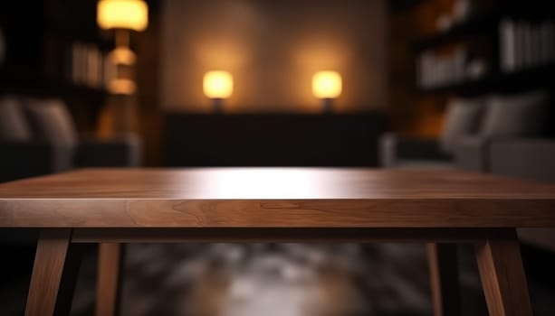 Empty wooden table in dark stylish living room with blurred background. Generative AI.
