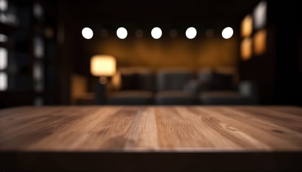 Empty wooden table for product display with blurred dark living room background. Genrative AI.