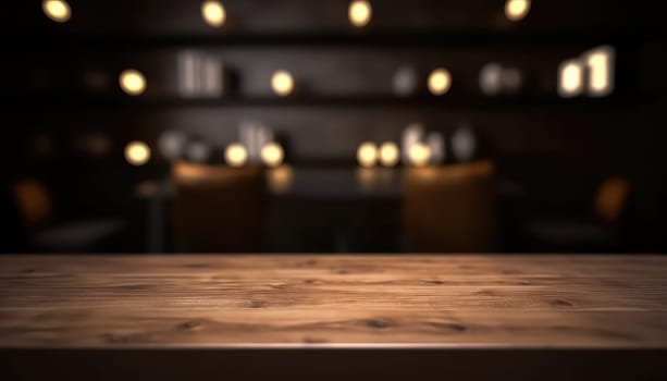 Empty wooden table for product display with blurred dark living room background. Genrative AI.