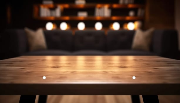 Empty wooden table for product display with blurred dark living room background. Genrative AI.