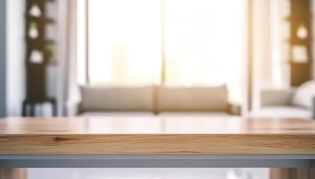 Empty table and copy space with blurred living room background in the morning. Generative AI.