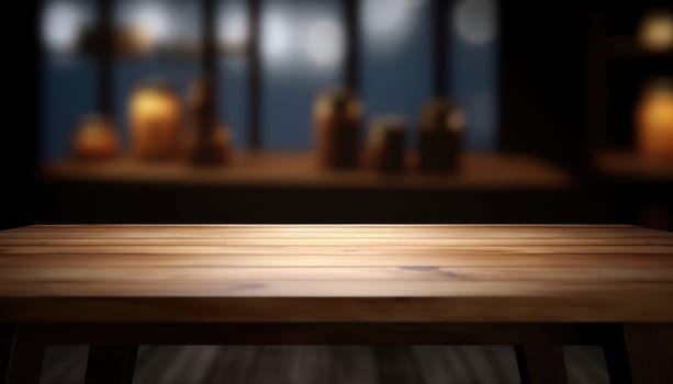 Empty wooden table for product display with blurred dark living room background. Genrative AI.