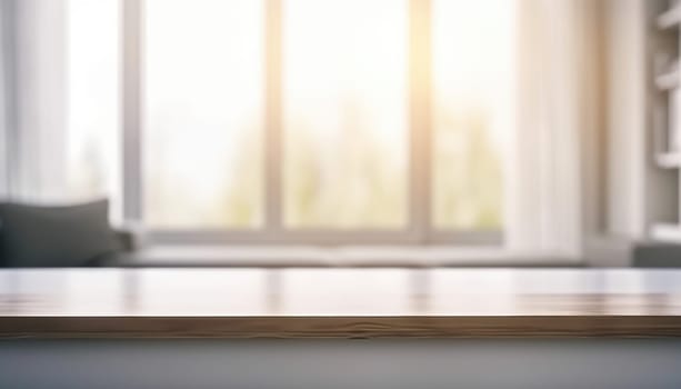 Empty table and copy space with blurred living room background in the morning. Generative AI.
