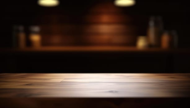 Empty wooden table for product display with blurred dark living room background. Genrative AI.