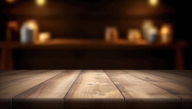 Empty wooden table with copy space against dark rustic living room background. Generative AI.