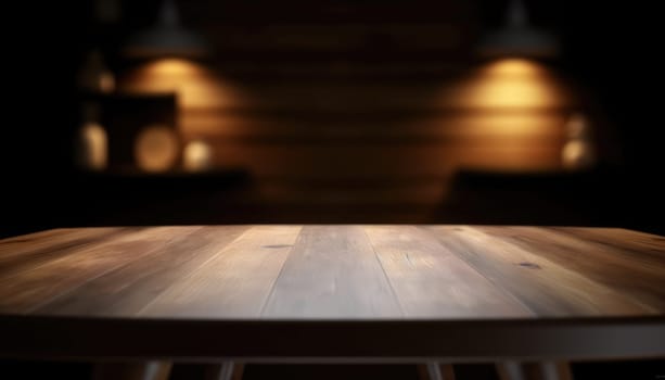 Empty wooden table with copy space against dark rustic living room background. Generative AI.