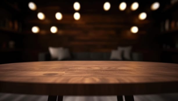 Empty wooden table with copy space against dark rustic living room background. Generative AI.