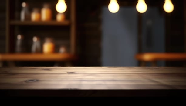 Empty wooden table for product display with blurred dark living room background. Genrative AI.